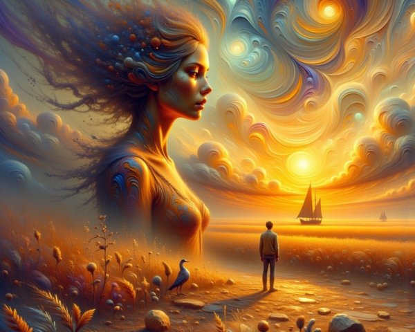 Surreal Landscape with Vibrant Sunset and Mythical Woman
