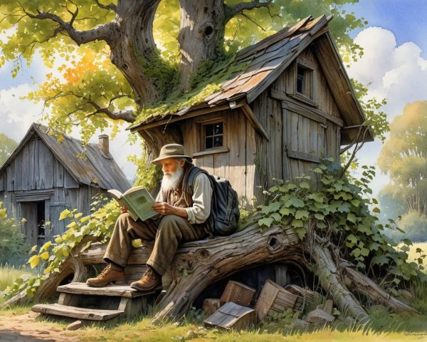 Elderly Man Reading on Steps of Rustic Hut in Nature