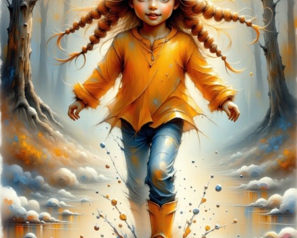Cheerful Girl Splashing in Autumn Puddle Scene