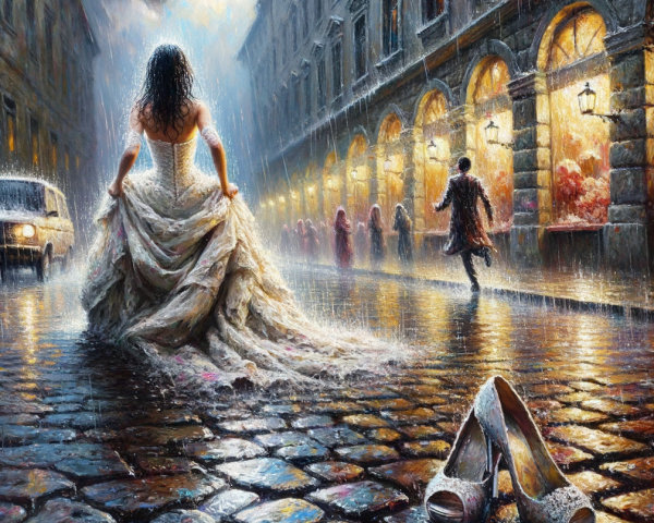 Bride in Rain on Cobblestone Street with Abandoned Heels
