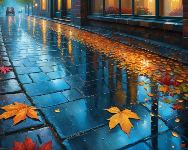 Tranquil Dusk Street Scene with Autumn Leaves