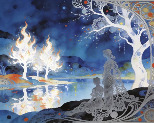 Women in Lacy Dresses by Starry Lake Scene