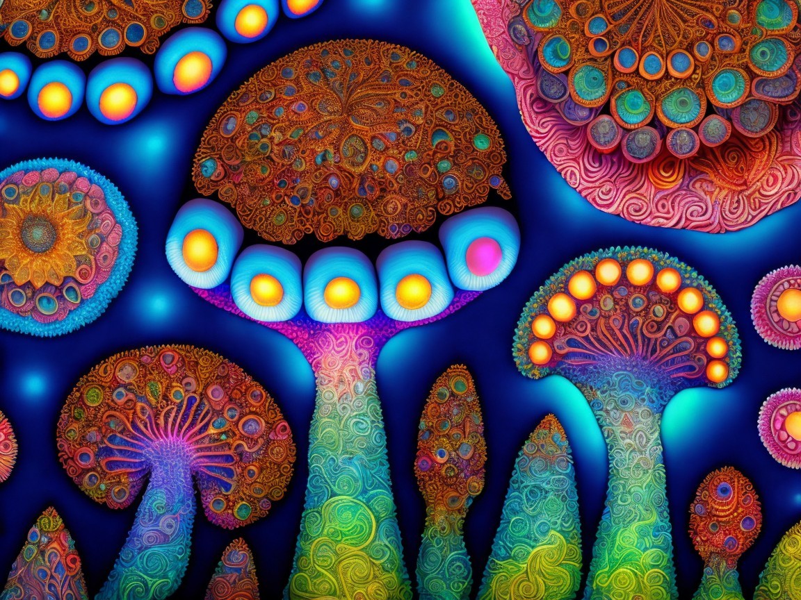 Psychedelic Display of Colorful Mushrooms and Patterns