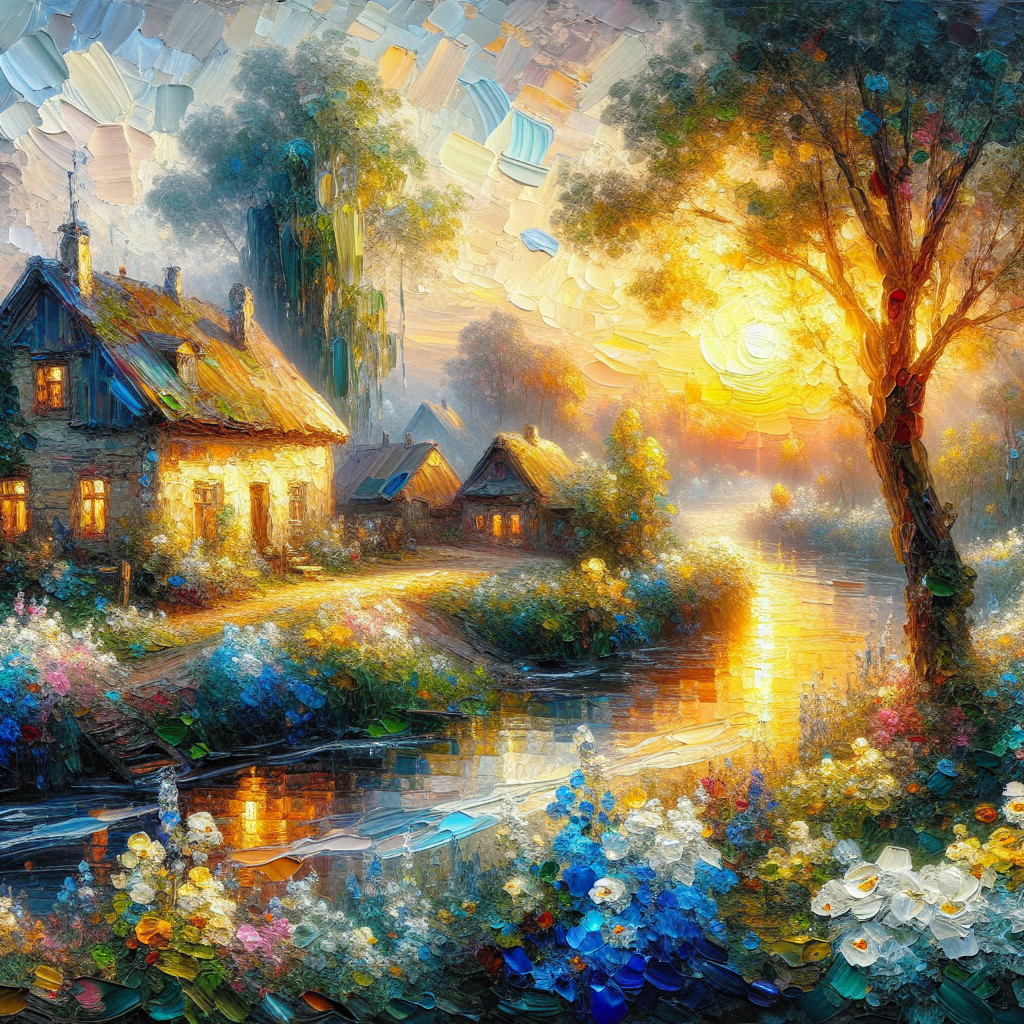 Serene Landscape with Sunset and Cottages by River