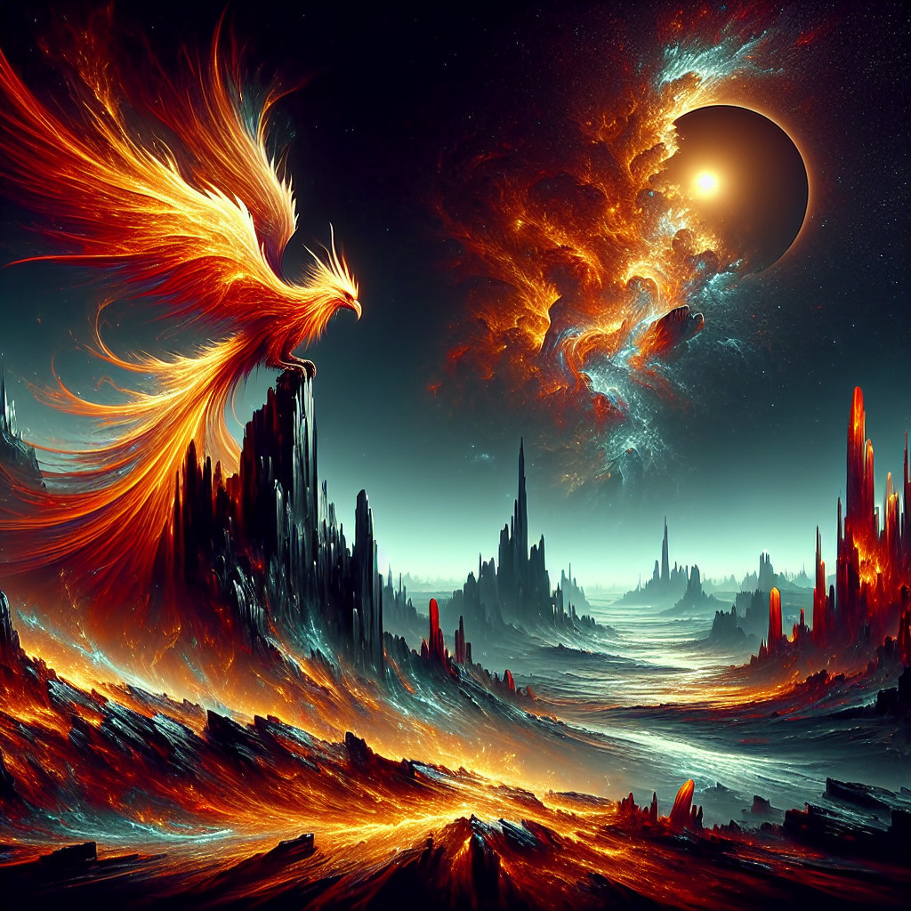 Majestic phoenix on a jagged mountain in cosmic landscape