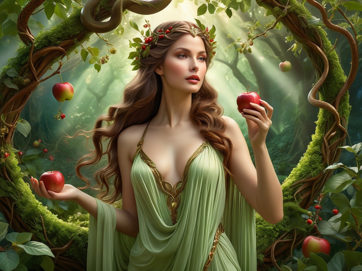 Woman in Green Gown in Enchanted Forest Setting