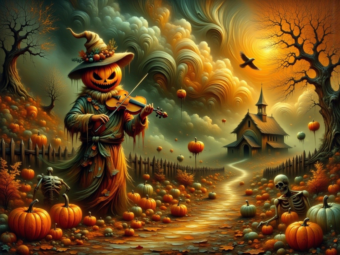 Whimsical Halloween Scene with Scarecrow and Pumpkins