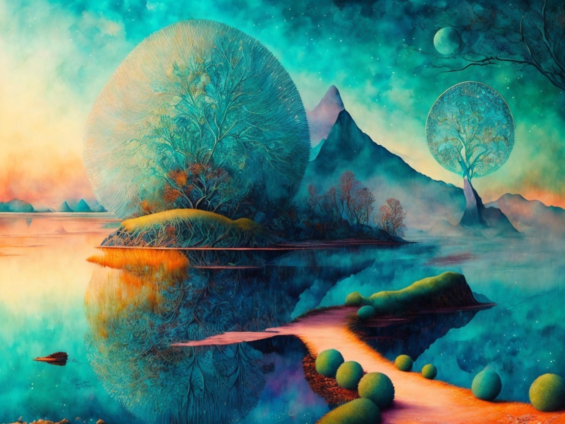 Surreal Landscape with Vibrant Colors and Dreamlike Elements