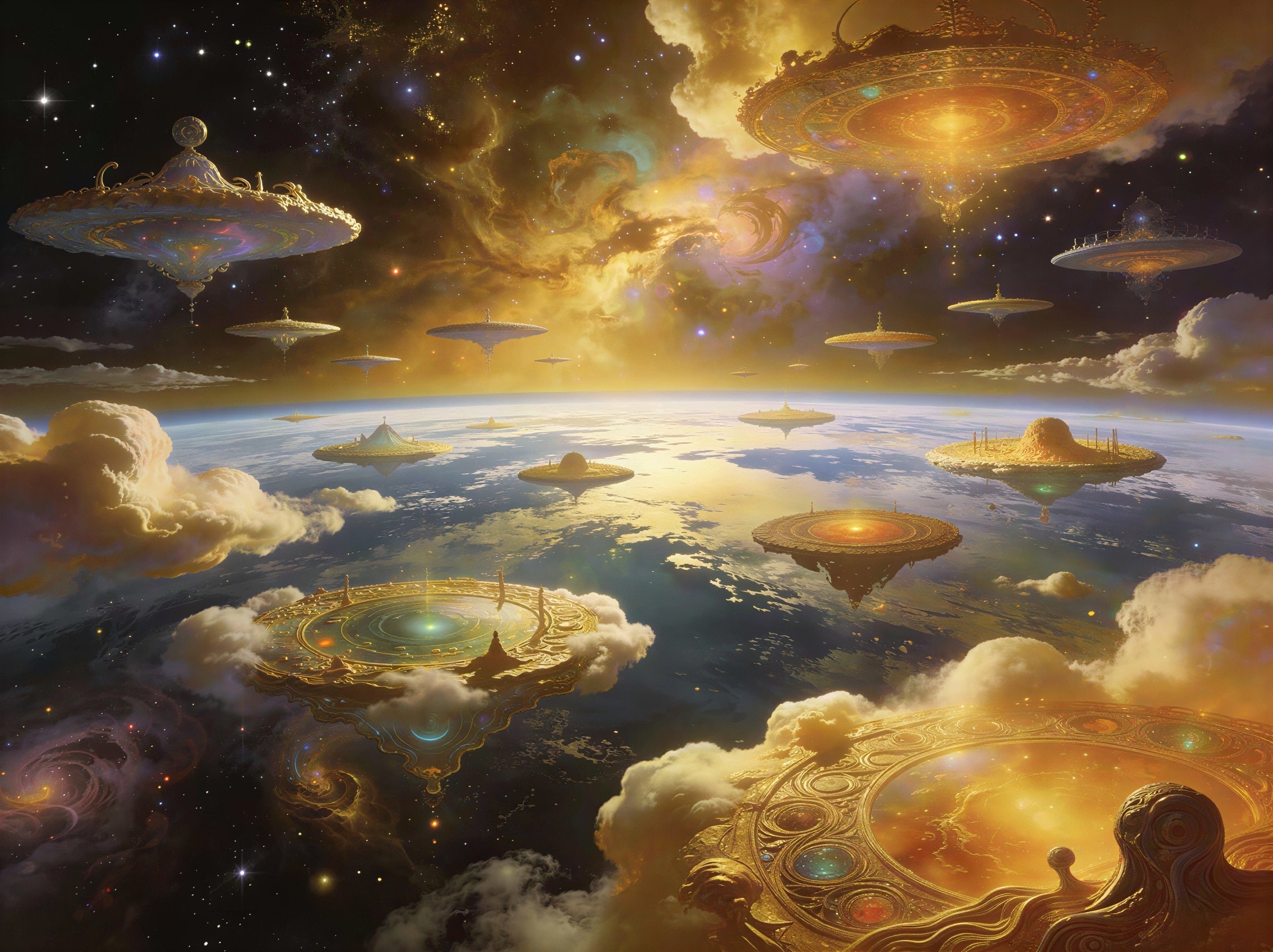 Cosmic Landscape with Golden Floating Structures
