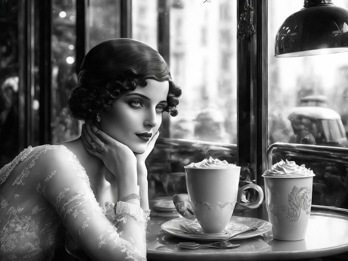 Glamorous Woman in Vintage Curls at Café Table
