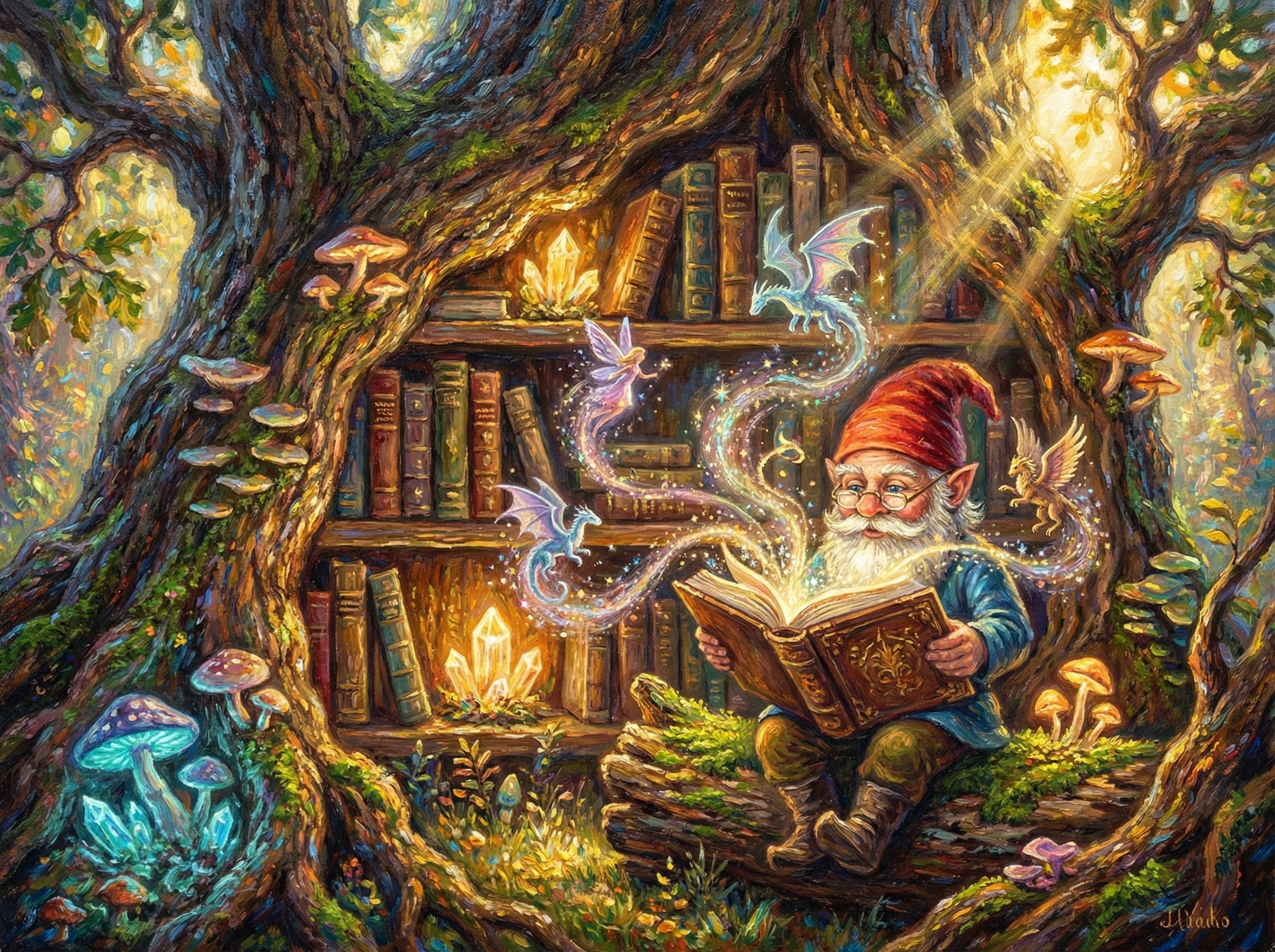 Gnome Reading in a Magical Forest Setting