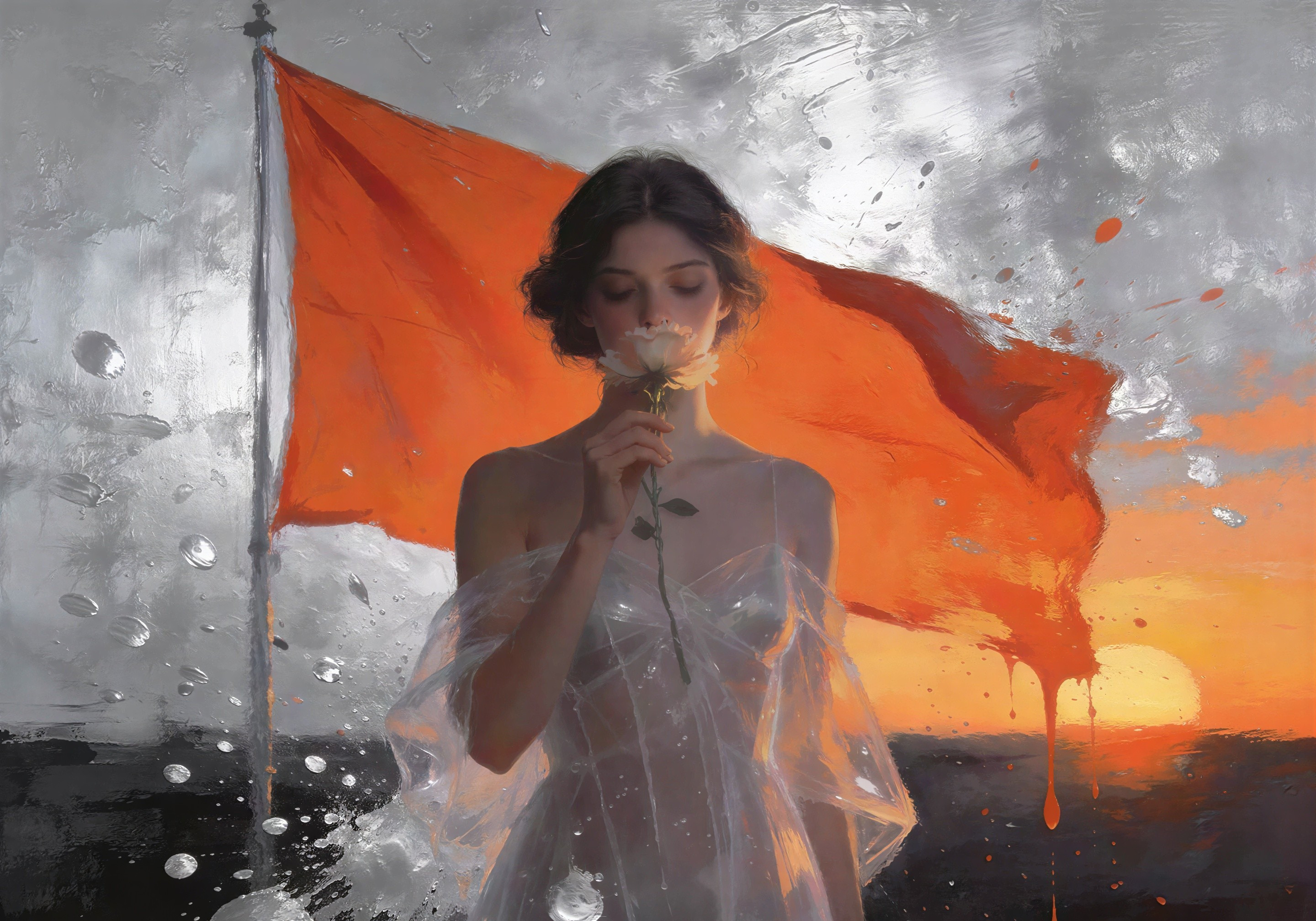 Ethereal Landscape with Woman and White Rose