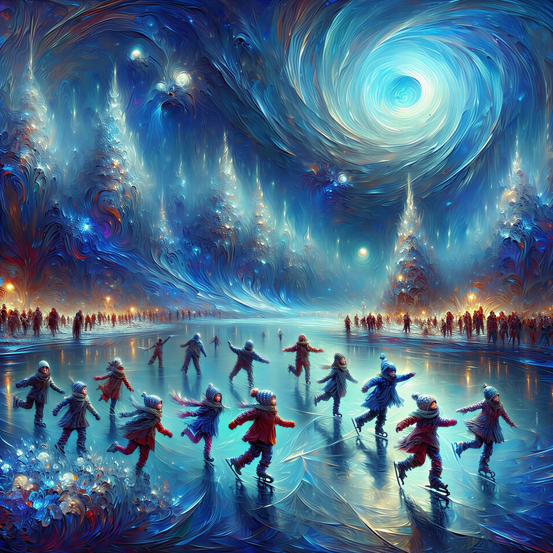 Children Ice Skating on a Glowing Blue Ice Rink