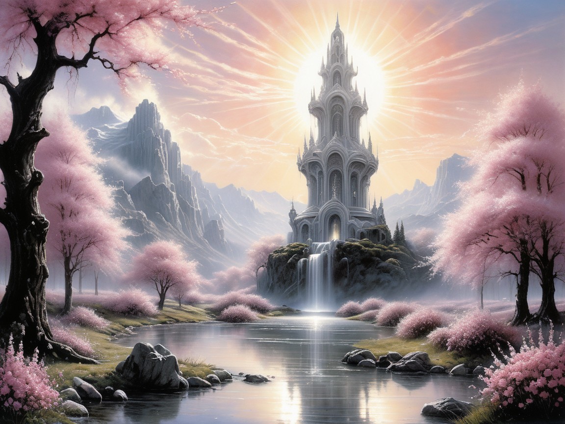 Castle Surrounded by Cherry Blossoms and Mountains