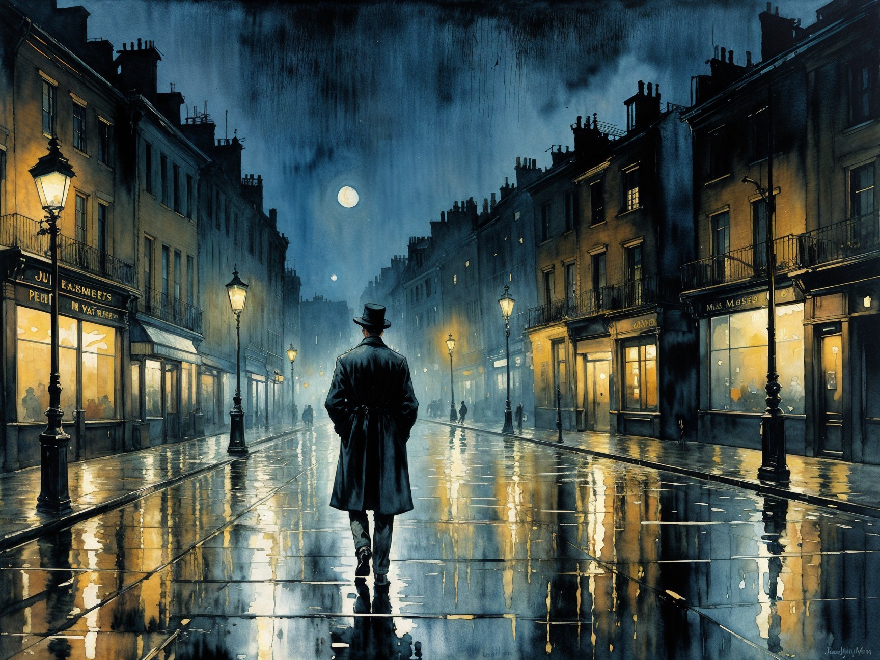 Moody Street Scene with Figure in Dark Coat and Hat