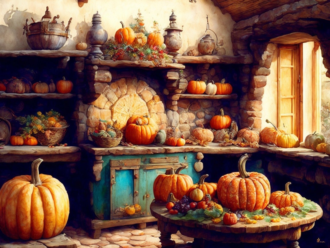 Cozy Rustic Kitchen with Vibrant Orange Pumpkins
