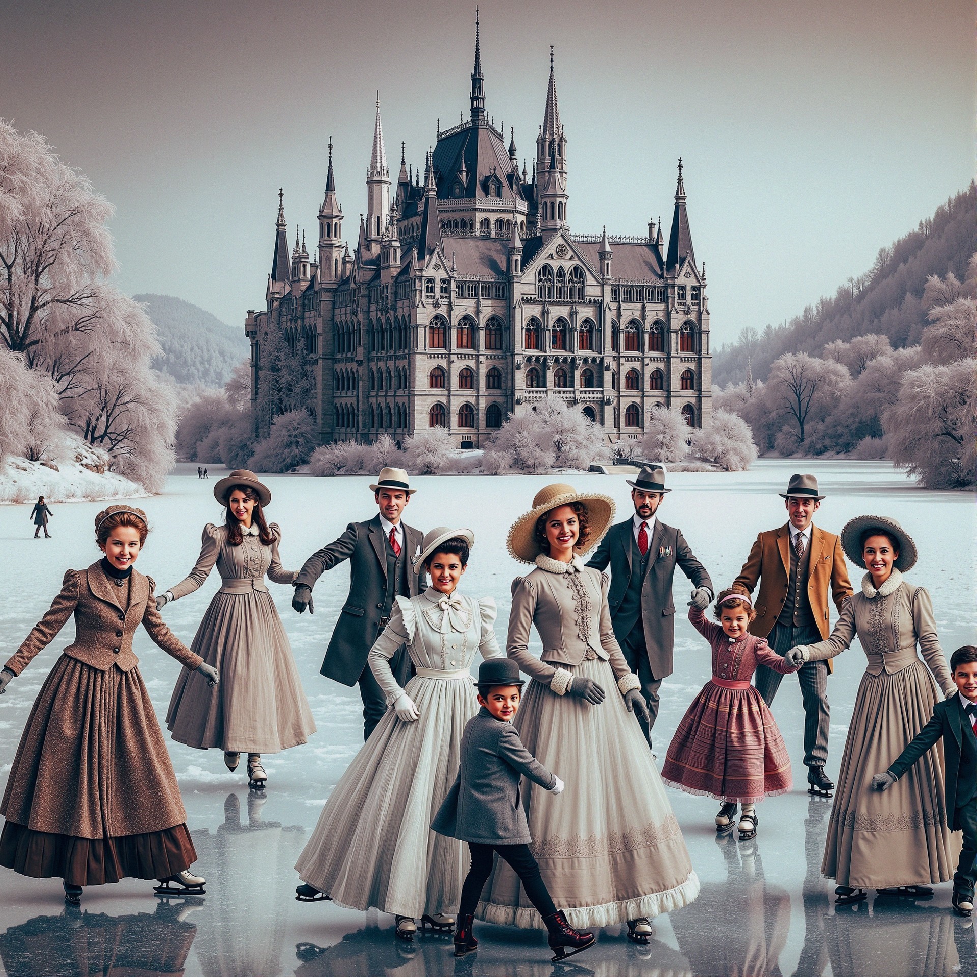 Elegant Vintage Skaters on a Frozen Lake Landscape