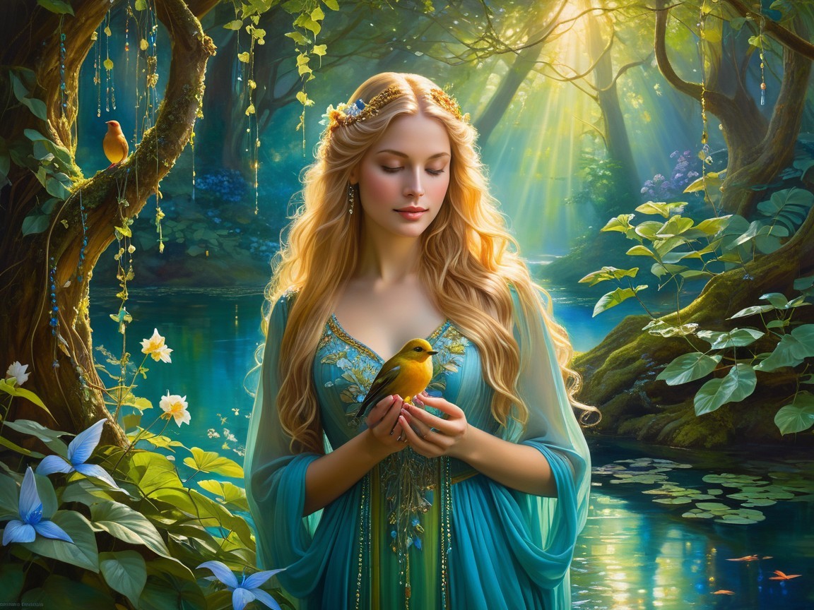 Serene Woman with Bird in a Forest Glade