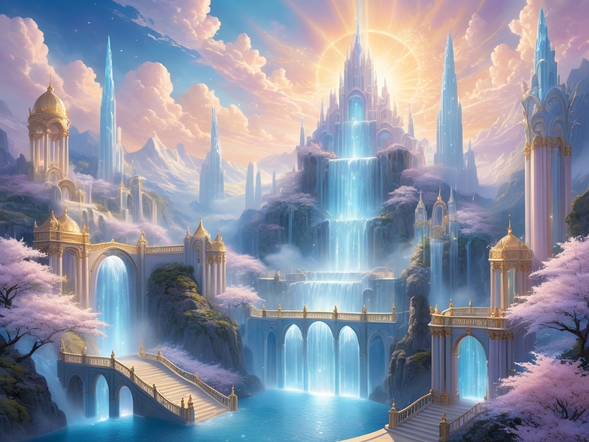 Fantastical Landscape with Waterfalls and Cherry Blossoms