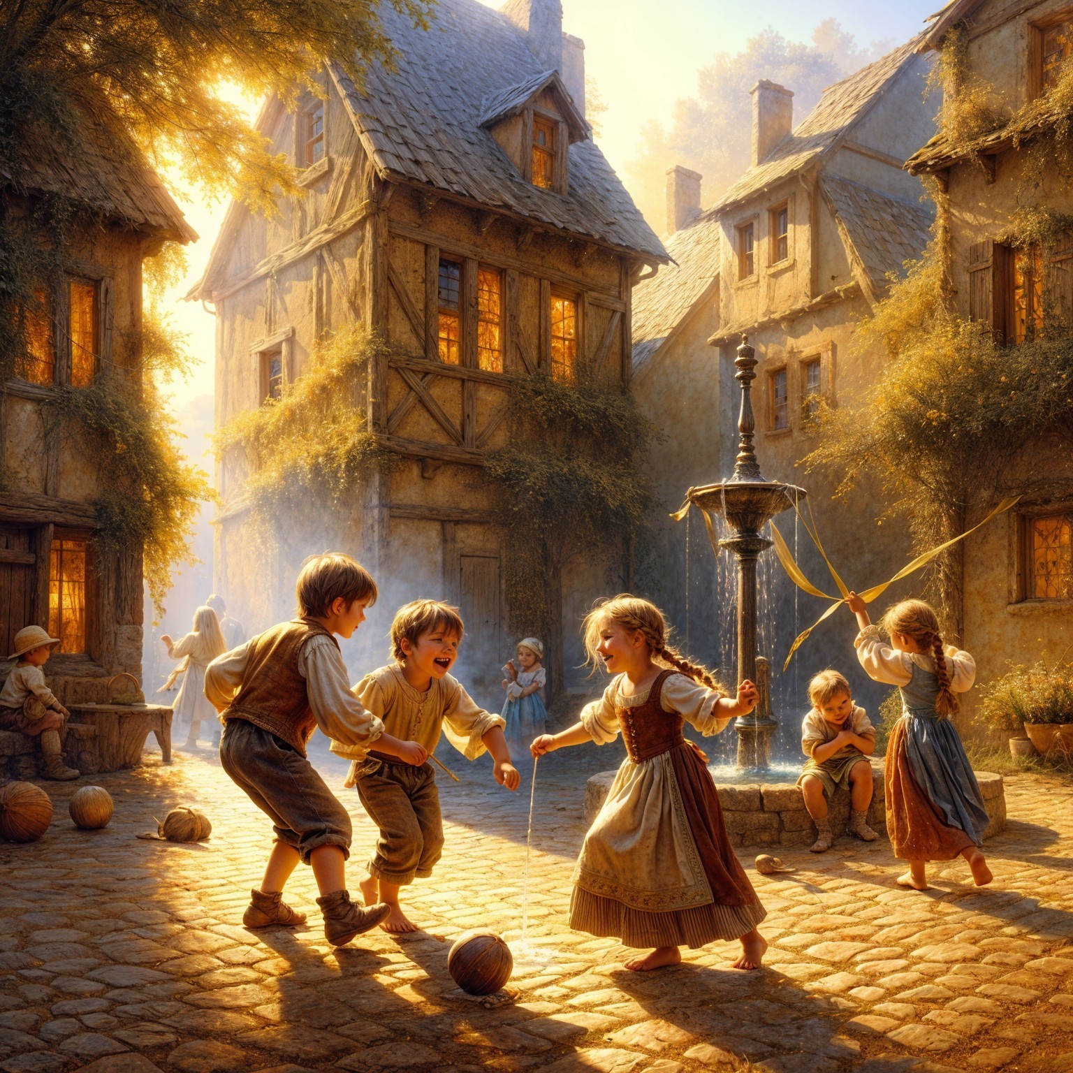 Children Playing in a Sunlit Village Square