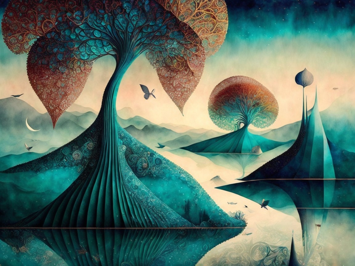 Surreal Landscape with Intricate Trees and Mystical Colors