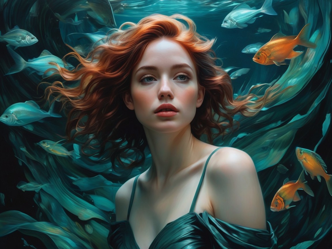 Underwater Scene with Young Woman and Aquatic Life