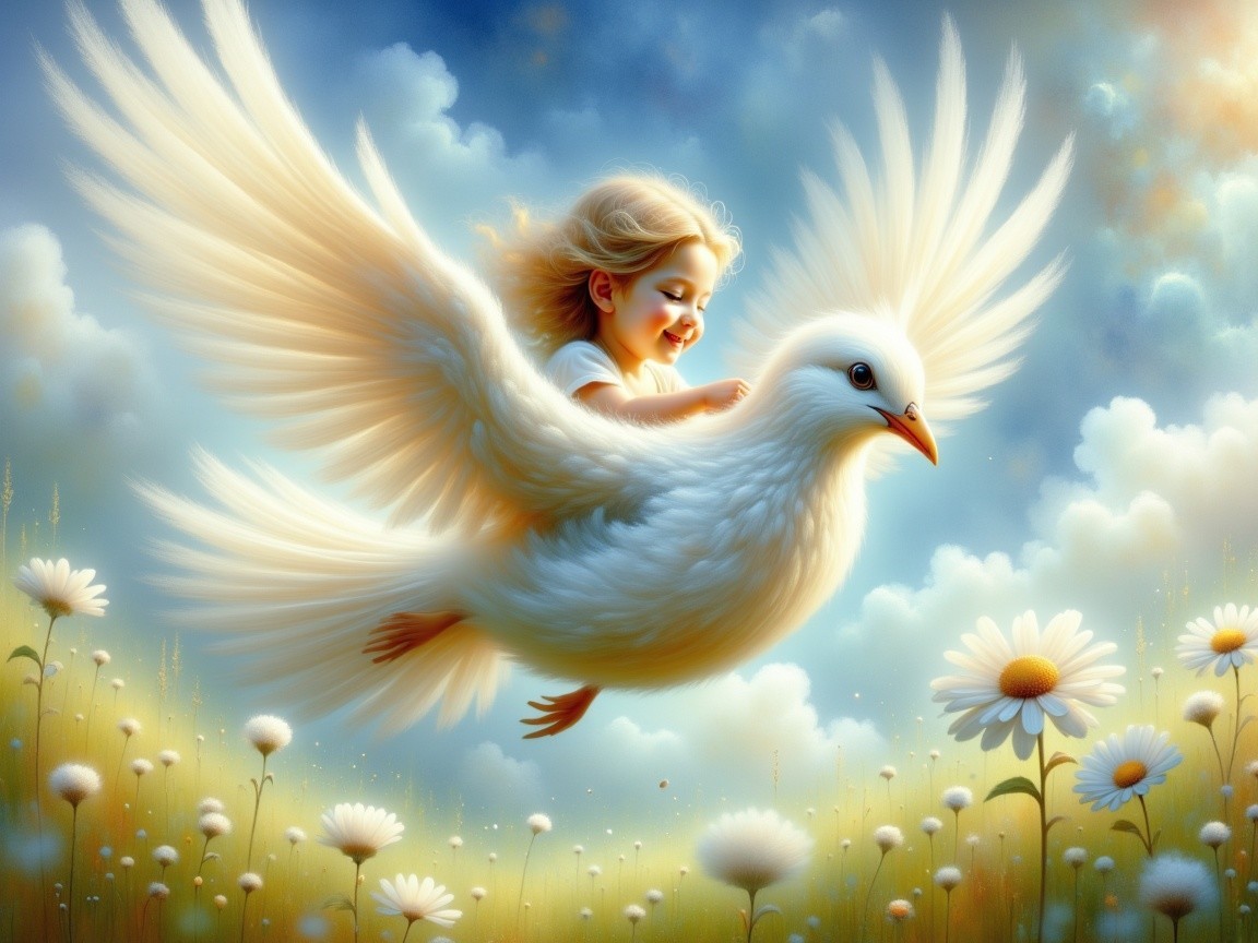Child Riding a Large White Dove in a Colorful Meadow