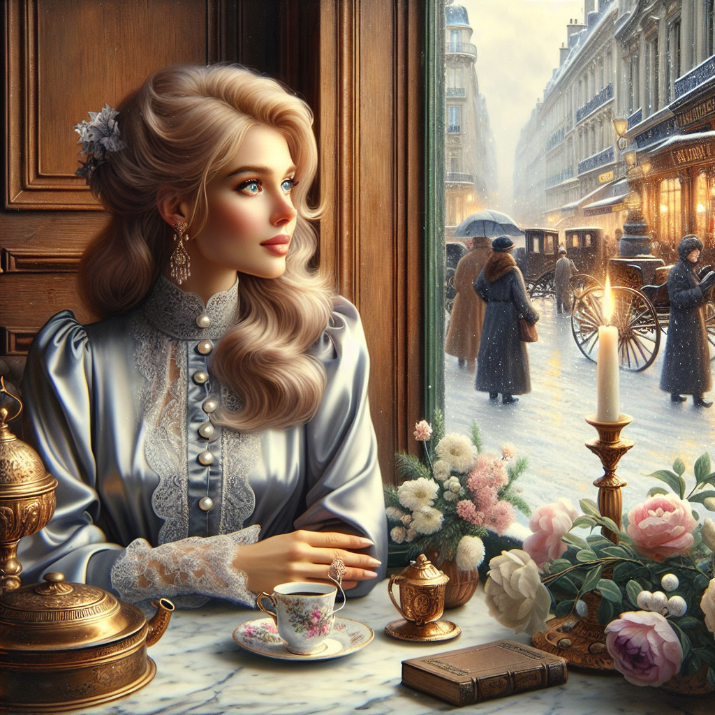 Victorian Woman Gazing at Snowy Paris Street Scene