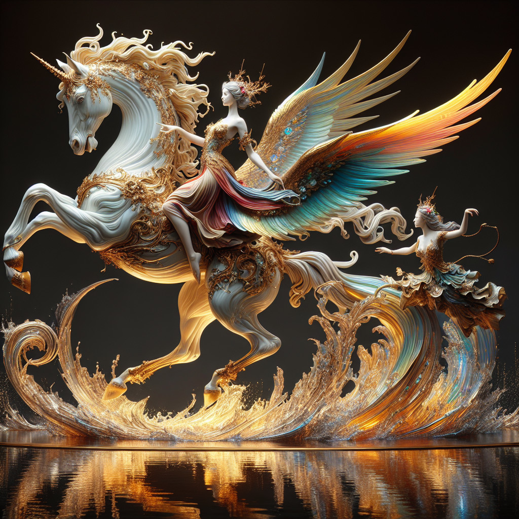 Majestic unicorn sculpture with whimsical figures