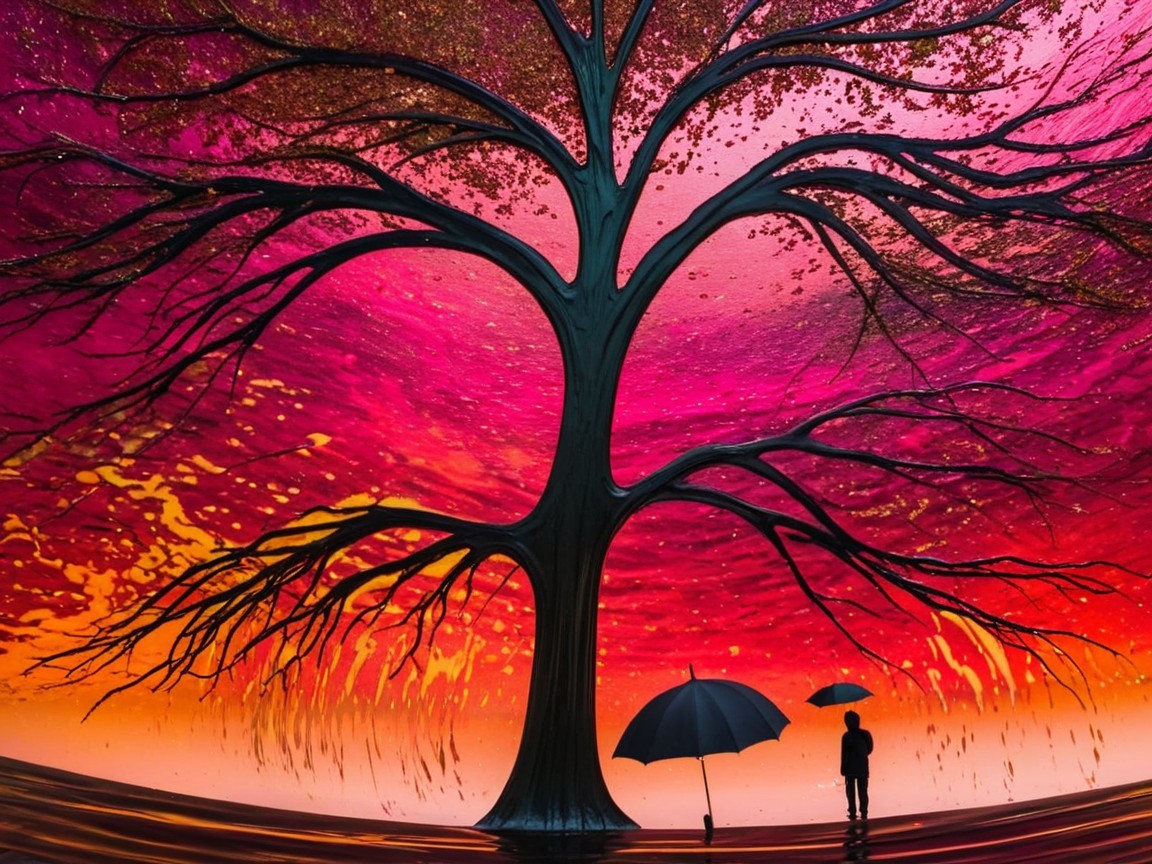 Silhouette of a tree against a vibrant sunset sky