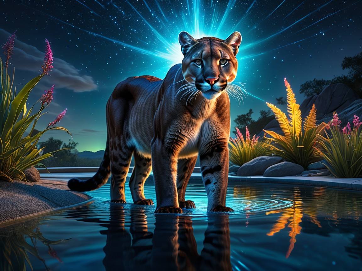 Tiger in serene pool under starry night sky