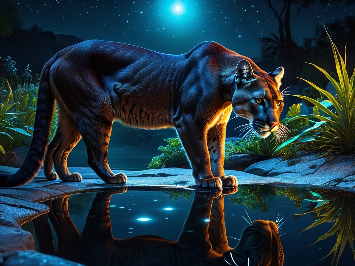 Big Cat by Moonlit Waterbody in Tranquil Nature Scene