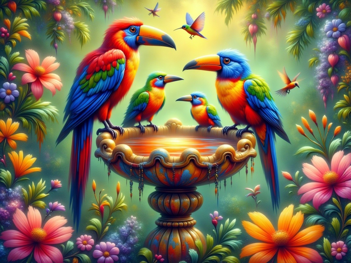 Exotic Birds Around Ornate Birdbath in Tropical Setting