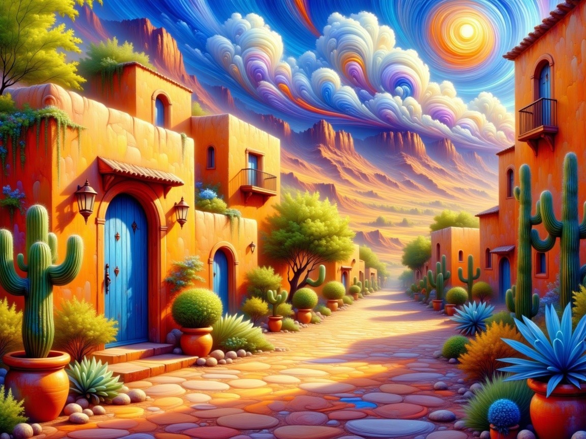Vibrant Desert Village with Adobe Houses and Cacti