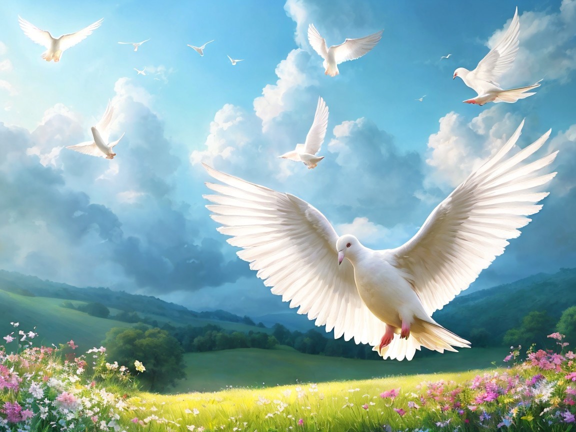 Serene Landscape with Doves and Wildflowers