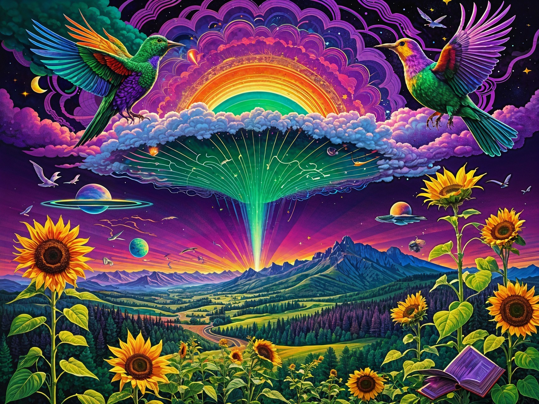 Vibrant Cosmic Scene with Hummingbirds and Sunflowers