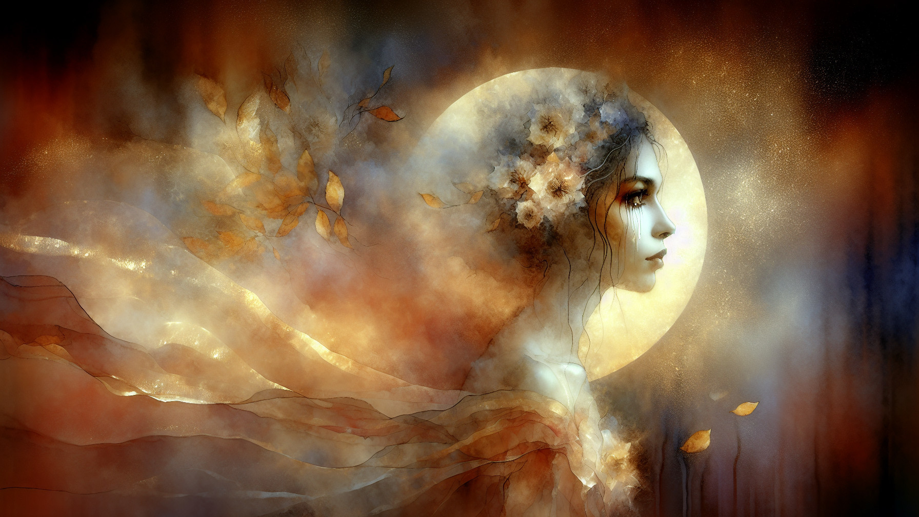 Ethereal Portrait of Woman with Moon and Flowers