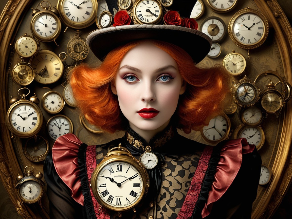 Portrait of a Woman with Red Hair and Antique Clocks