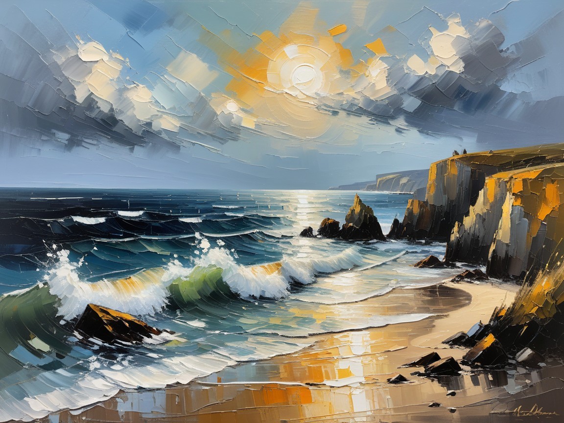 Vibrant Seascape of Coastline and Dramatic Sky