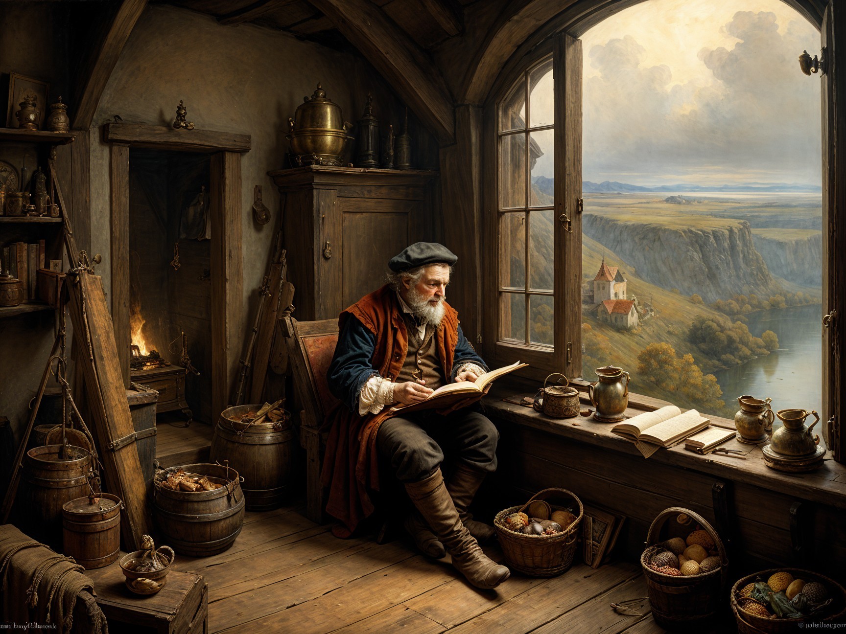 Elderly Man Reading in Cozy Rustic Interior Setting