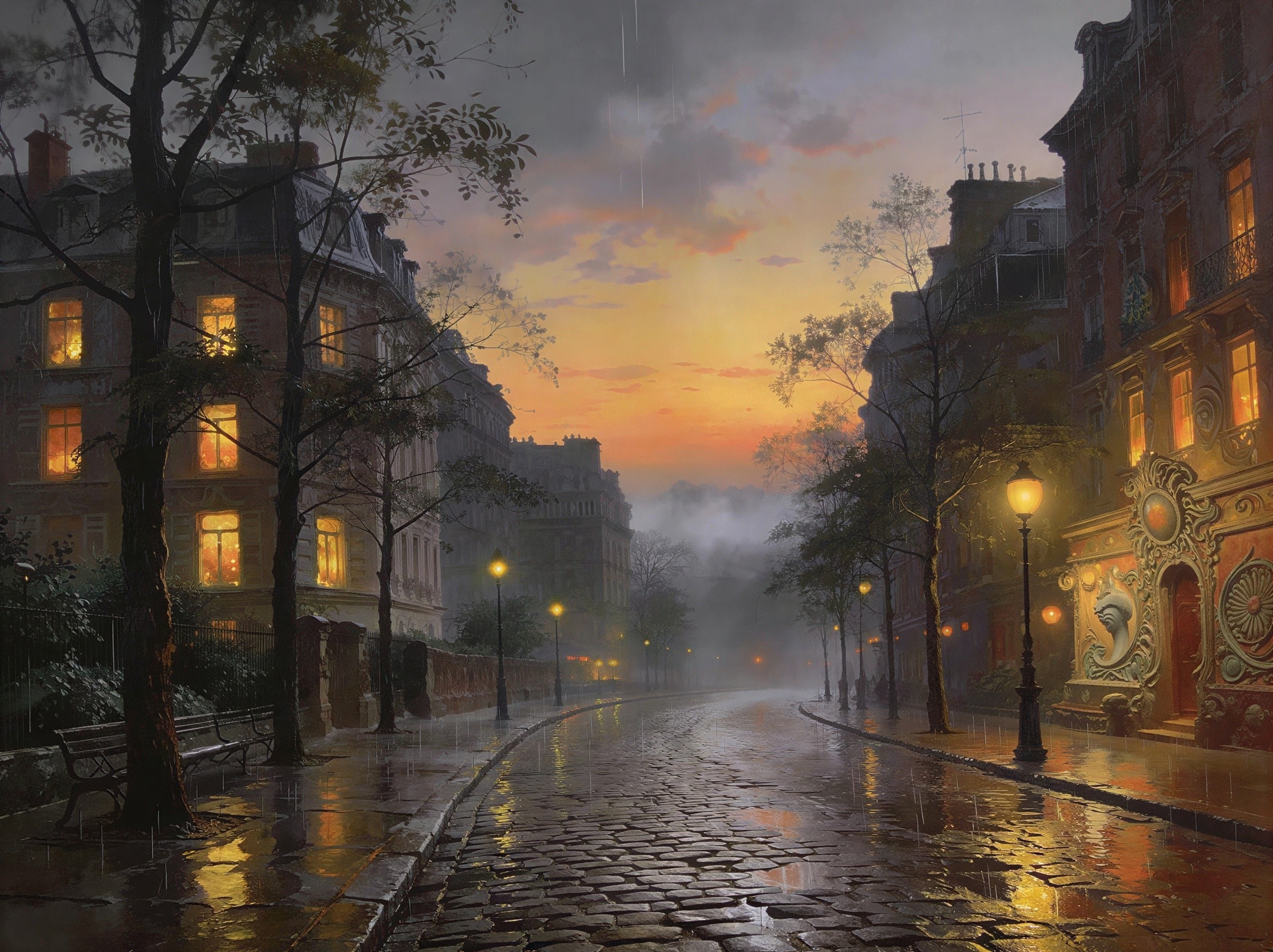 Rainy Evening in a European City Oil Painting