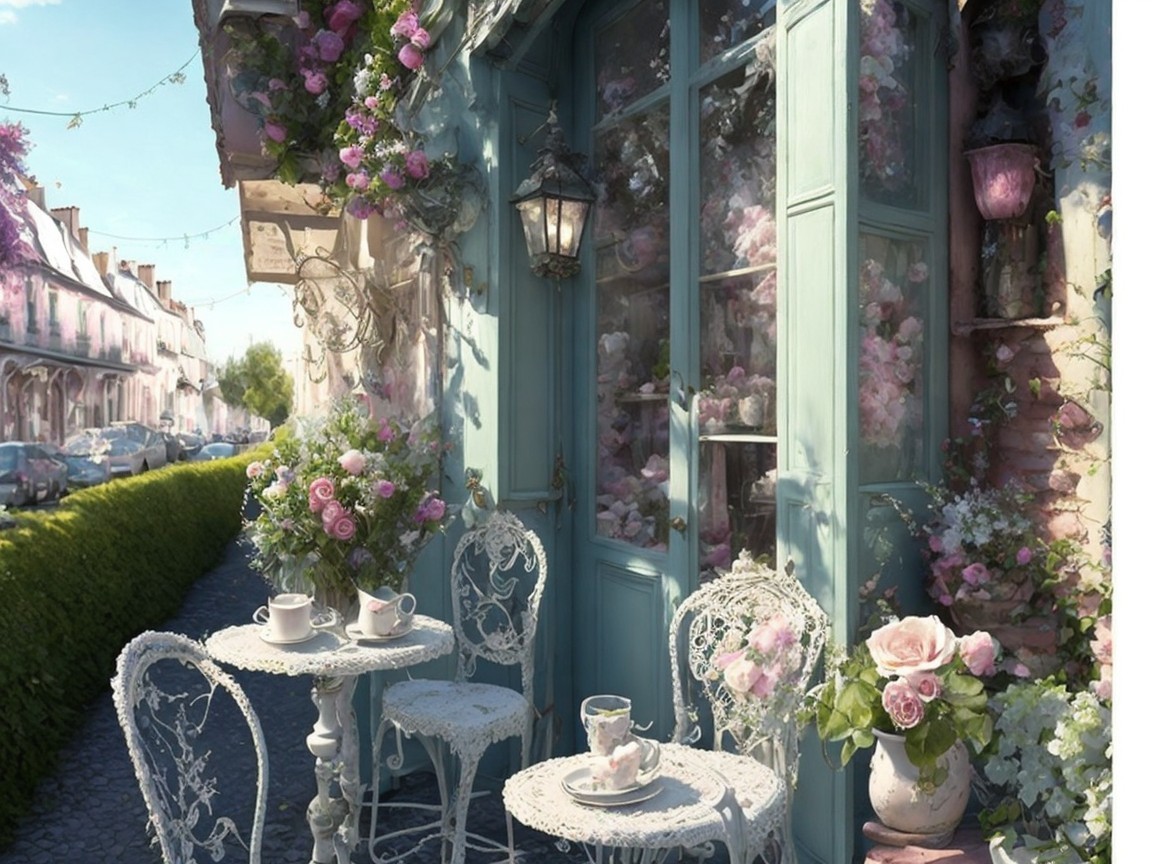Charming Outdoor Café with Wrought-Iron Furniture and Roses