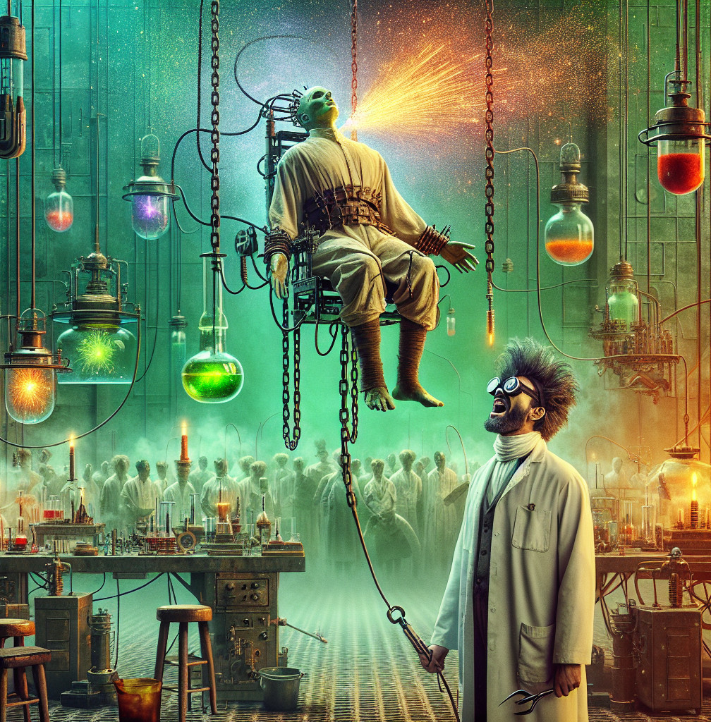 Mad Scientist Conducts Colorful Experiment in Laboratory