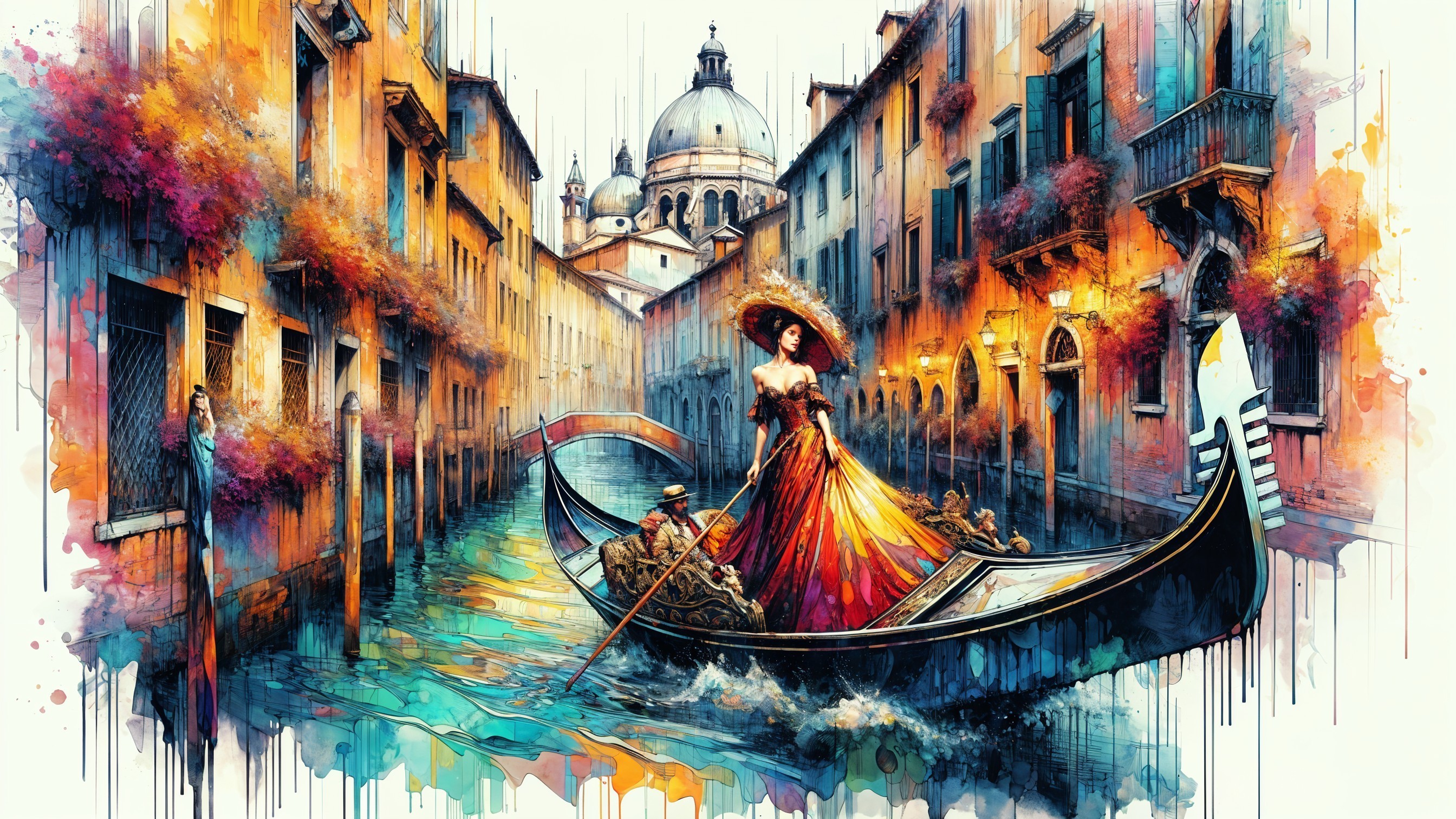 Gondola in Venetian Canal Surrounded by Colorful Scenery
