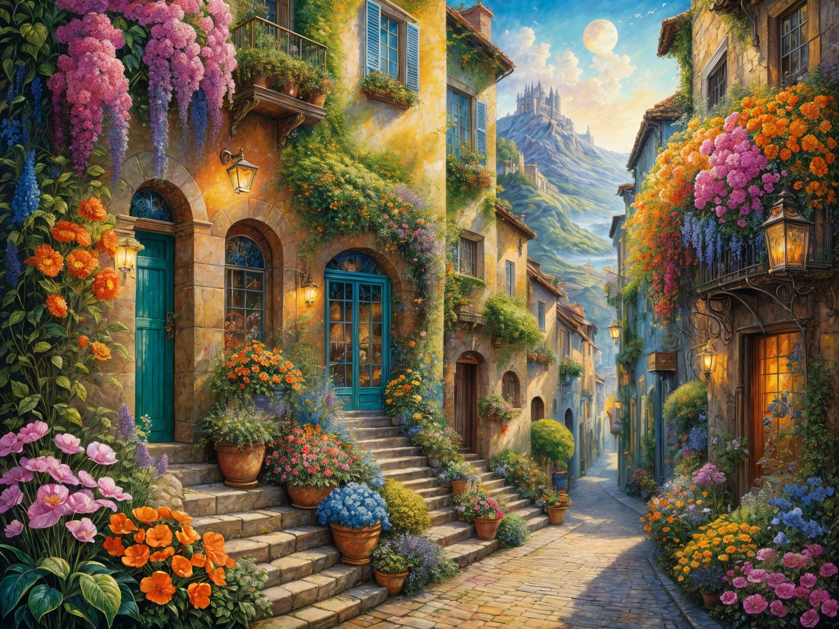 Charming Cobblestone Street with Flowers and Castle