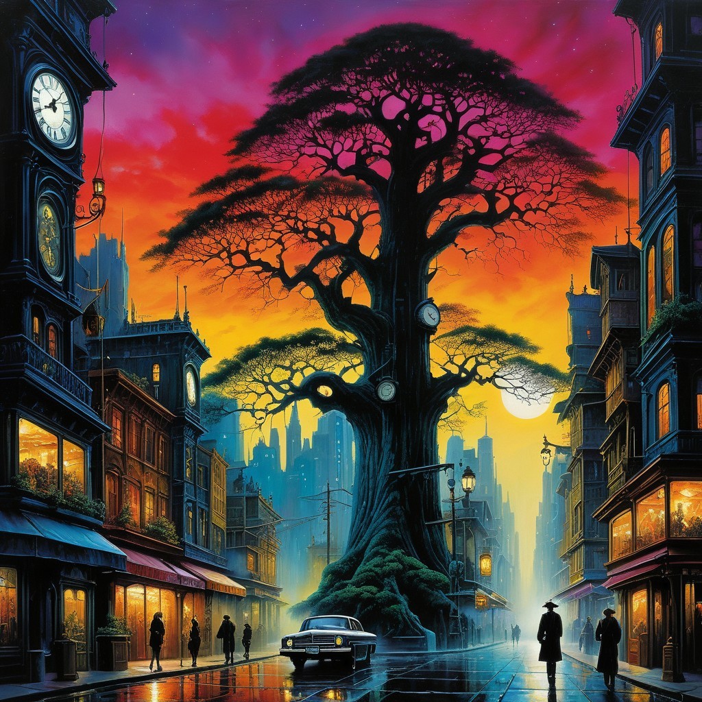 Surreal Cityscape with Clock Tree at Sunset