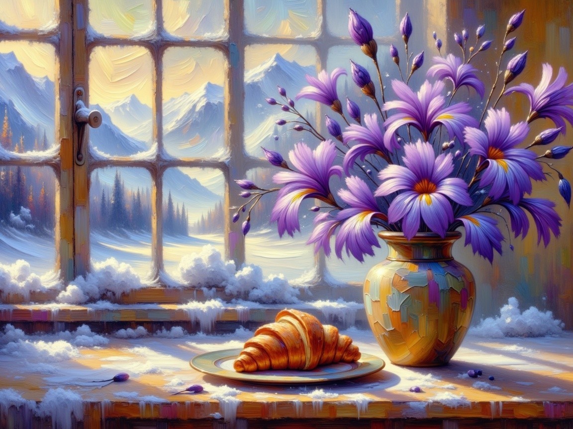Cozy Winter Scene with Flowers and Croissant
