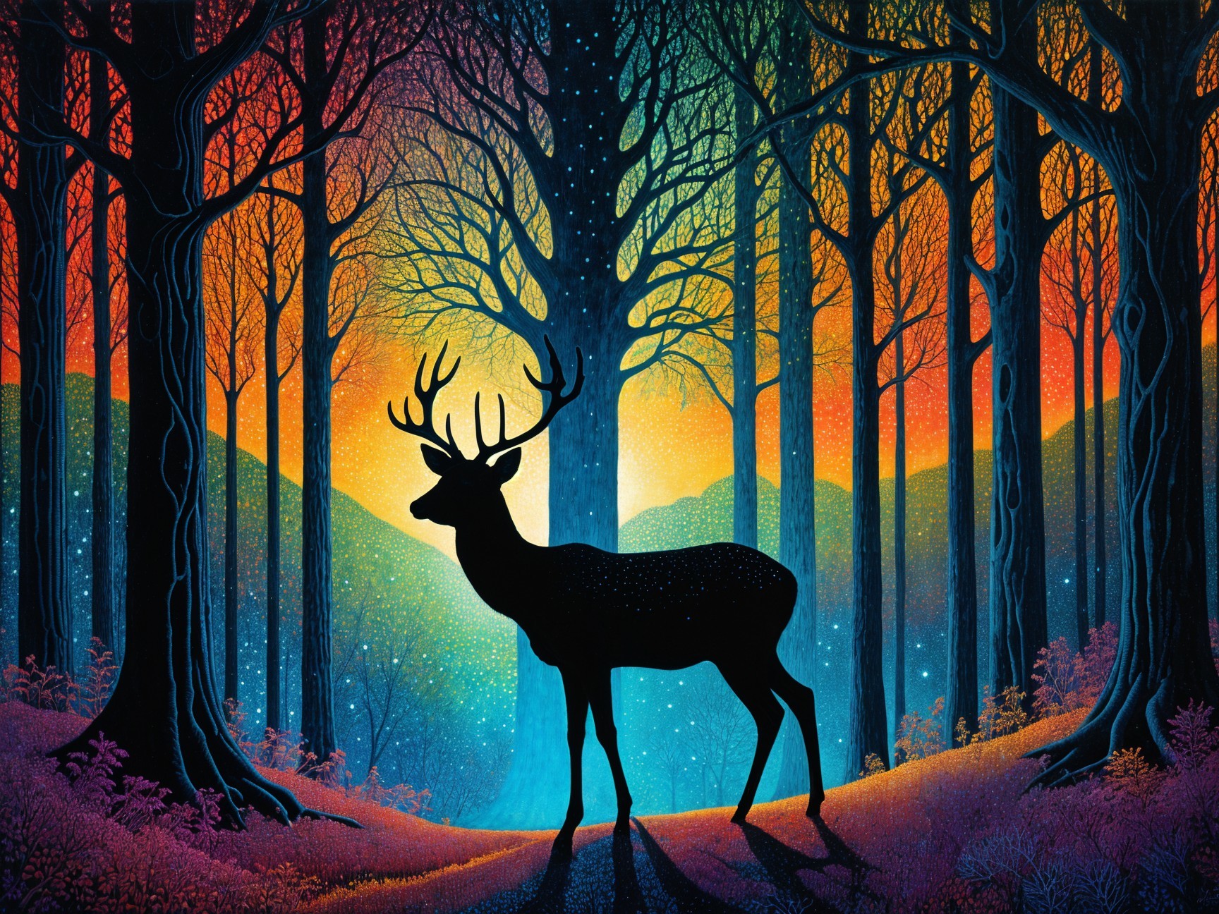 Majestic stag silhouette in vibrant forest colors