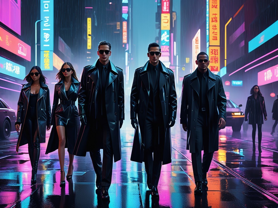Cyberpunk Cityscape with Stylish Group in Black Attire