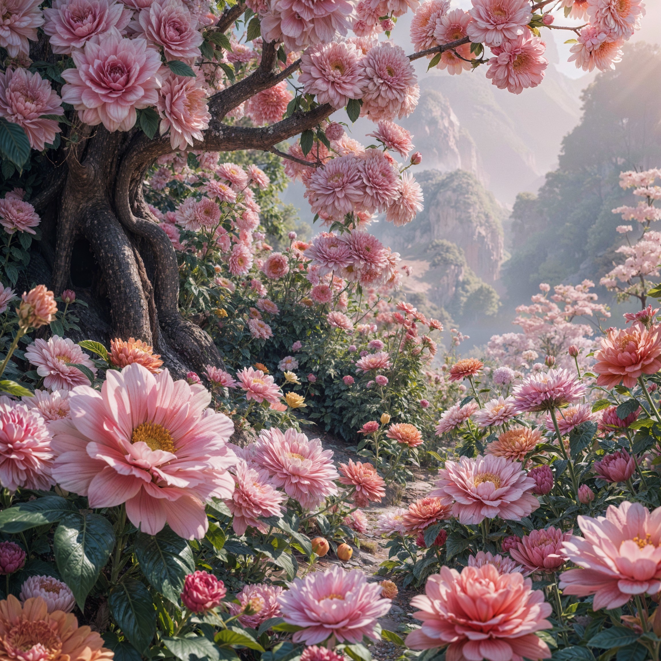 Serene garden with blooming pink flowers and ancient tree